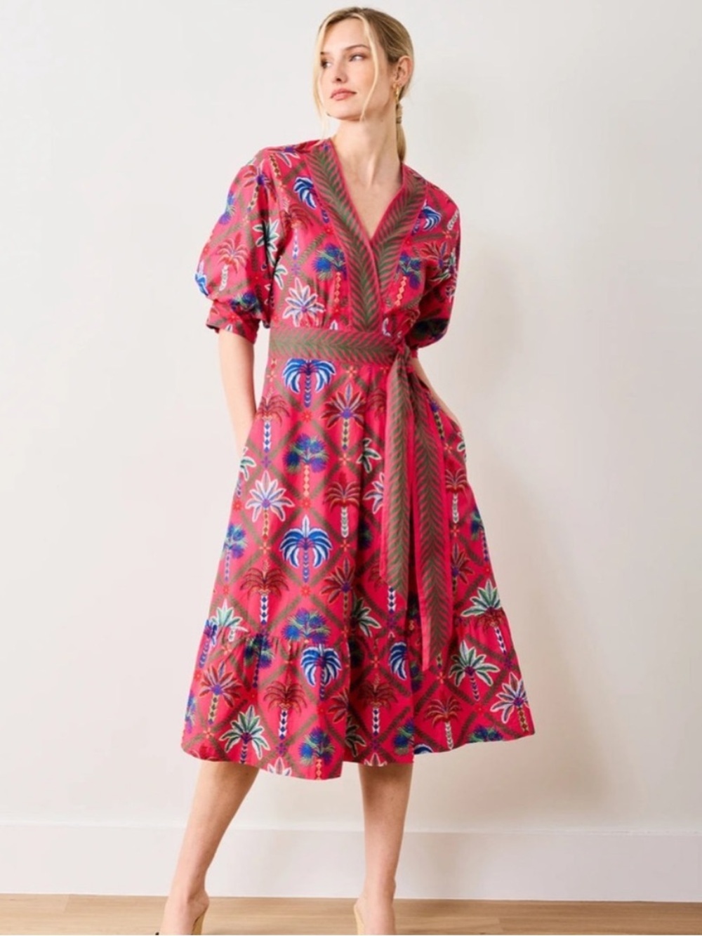PRINTFRESH NEW Gabriela Midi Wrap Dress in Palm Tree Multi Pink XS NEW